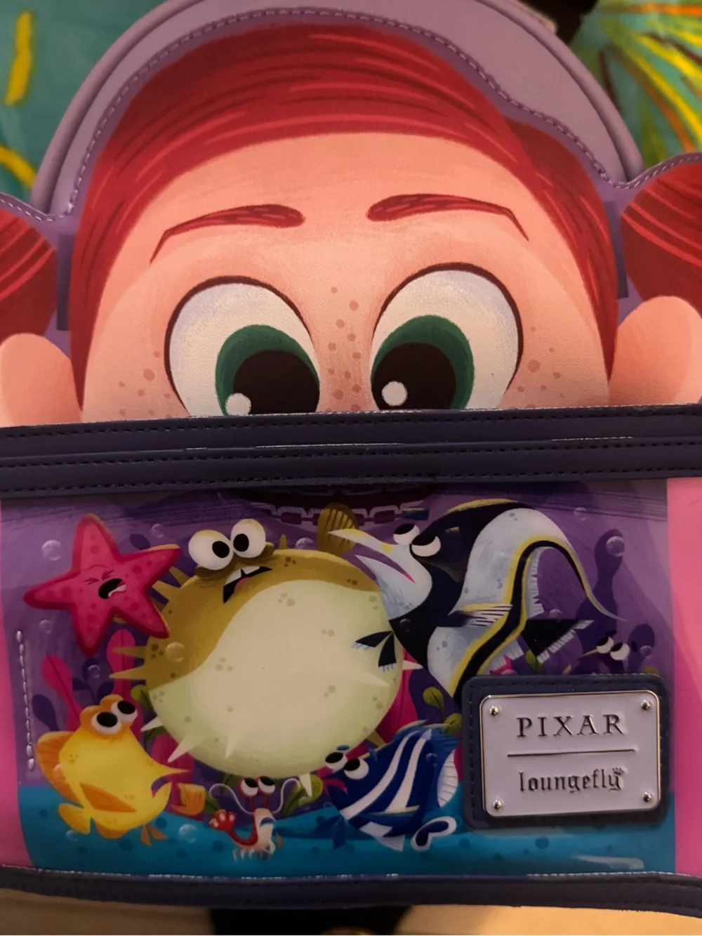 RARE Loungefly Disney Pixar finding Nemo Darla cosplay, mini backpack fishbowl